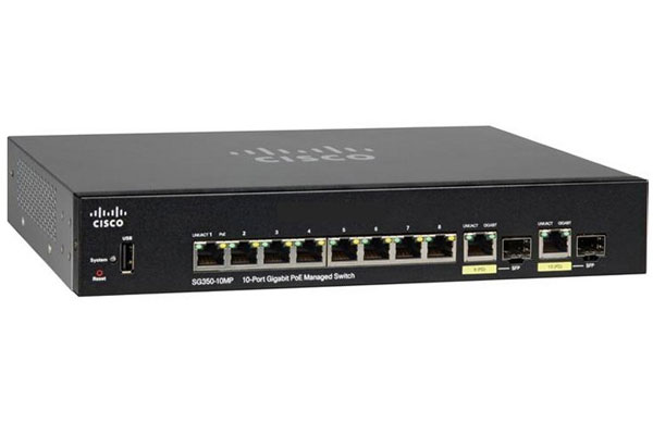 Cisco 8-port Gigabit PoE+ (support 60W PoE Port) with 124W power budget, PoE passthrough - SG350-10MP-K9