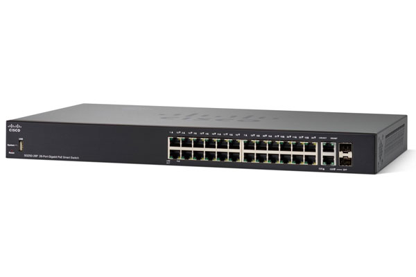 Cisco 24 Gigabit PoE+ ports with 195W power budget + 2 Gigabit copper/SFP combo ports Smart Switch - SG250-26P-K9